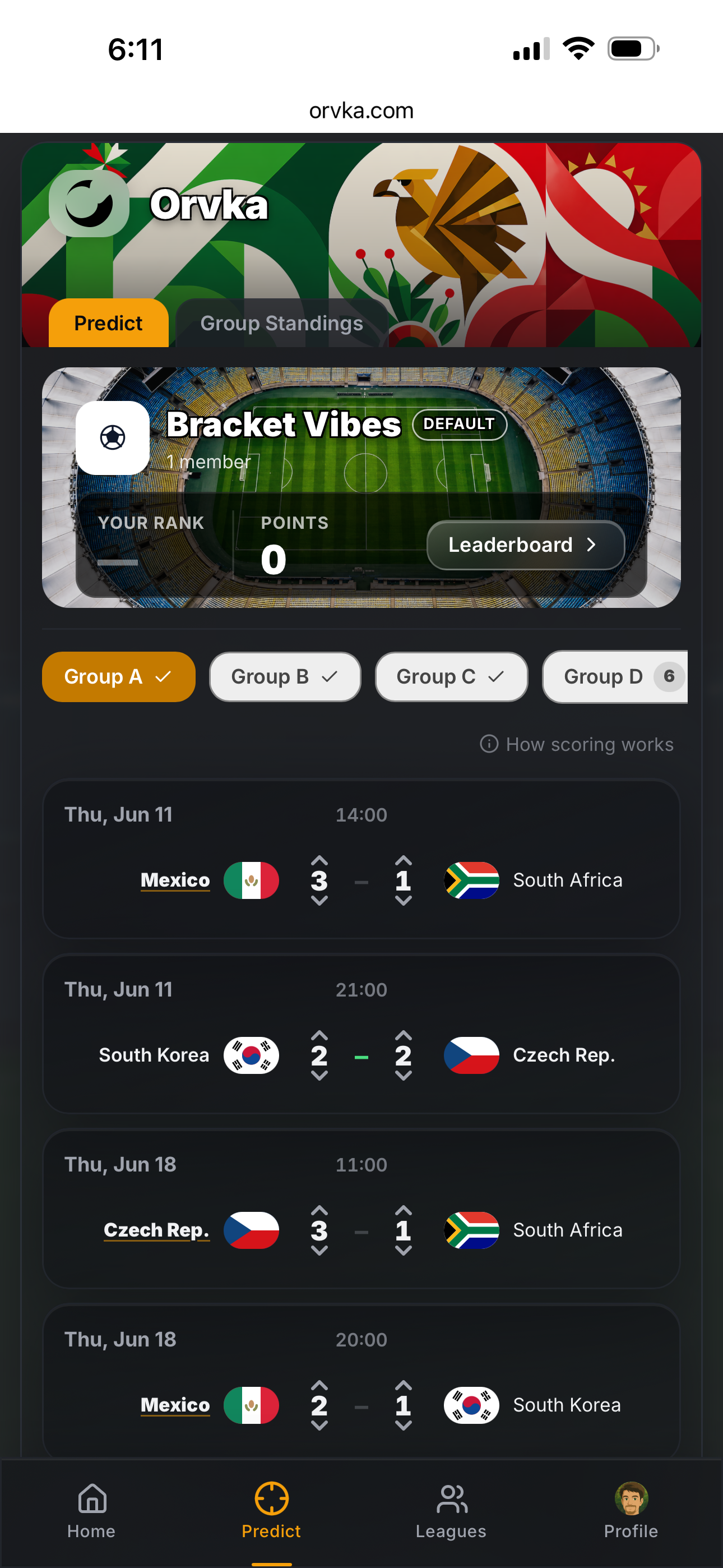 Orvka Predict screen — match prediction carousel